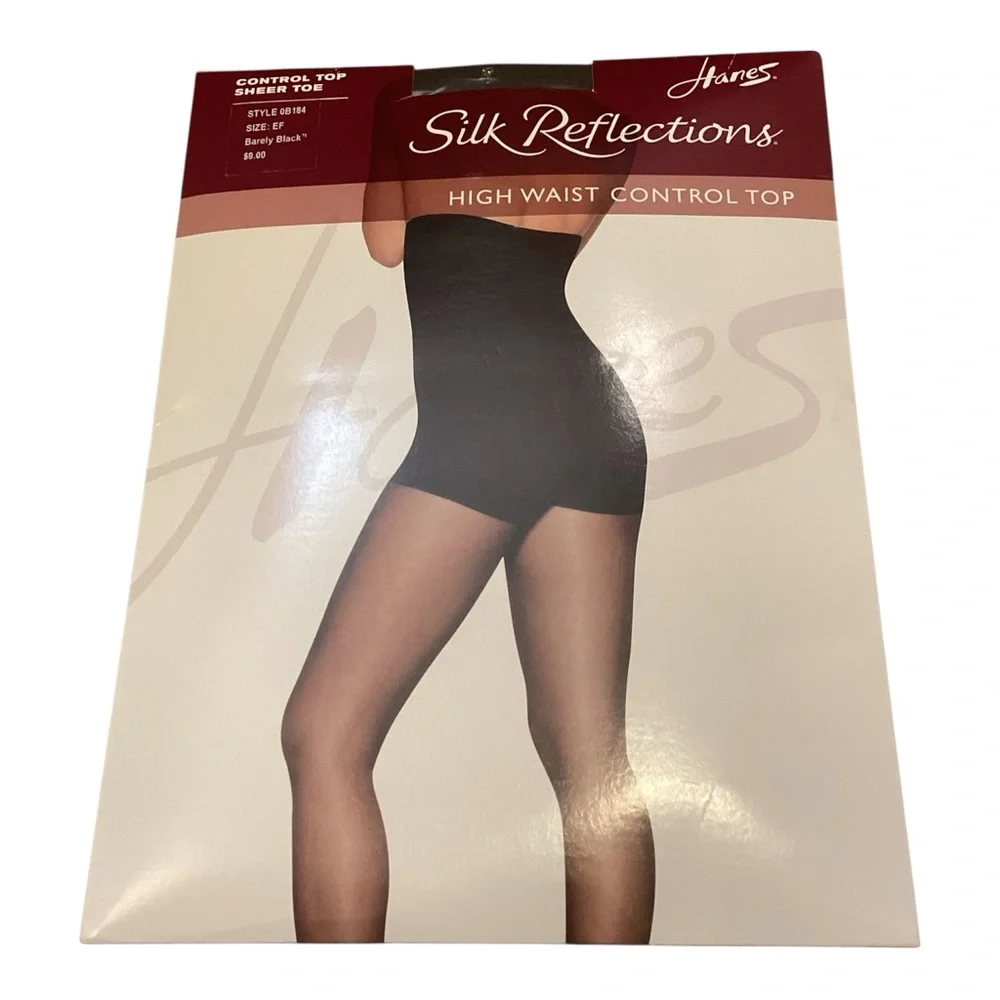 NEW Hanes Silk Reflections Barely Black High Waist Control Top Pantyhose E-F‎